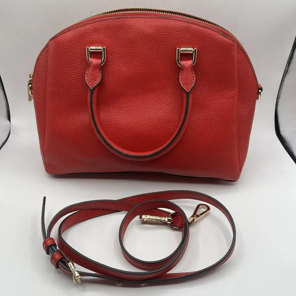 Michael Kors Bright Red Dome Satchel Adele Scarlet Crossbody Bag Pebbled Leather